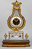An extremely rare and beautiful Louis XVI tricoloured gilt bronze, enamel and marble lyre clock of eight day duration by Jacques-Thomas Bréant